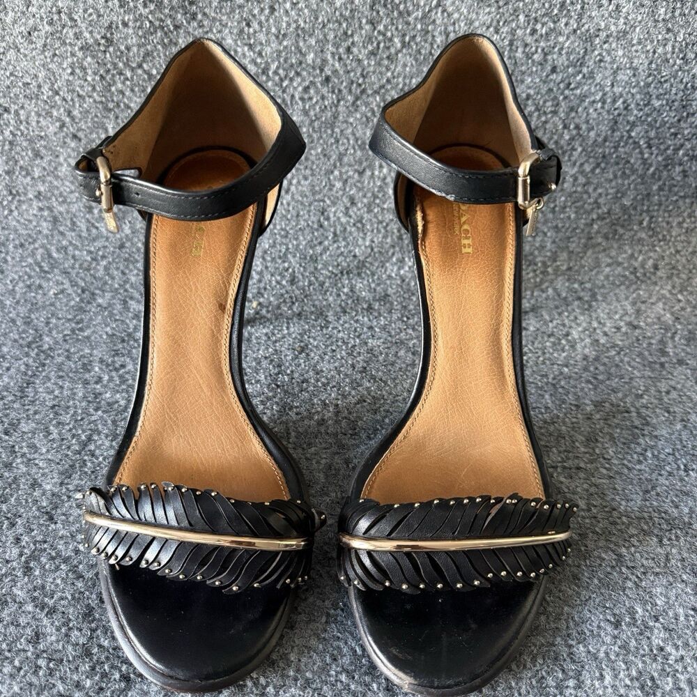 Coach Isabella Black Feather Studded Ankle Strap Strappy Leather Heel 10B - Picture 6 of 13